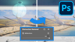 Screenshot of Photoshop's Distraction Removal tool being applied to a historical aircraft image.