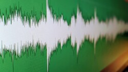 Screenshot of an audio waveform display showing stereo channels in white against a green background.