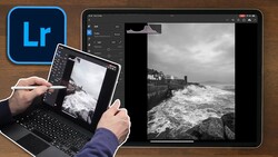 Adobe Lightroom interface showing black and white coastal landscape editing on desktop and tablet devices.