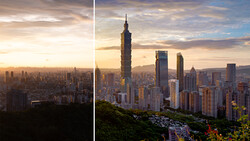 Side-by-side comparison of a city skyline at sunrise and golden hour, showing dramatic lighting changes throughout the day.