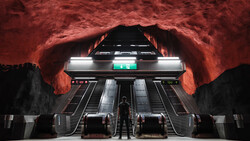 Stockholm subway station with dramatic red rock ceiling and escalators lit by fluorescent panels.