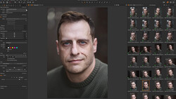 Screenshot of photo editing software showing portrait retouching workflow with main image and contact sheet.