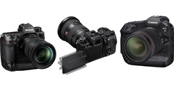 Three professional mirrorless cameras displayed side by side with attached lenses.
