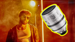 Portrait of person in warm-toned lighting with cinema lens graphic overlay.