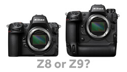Side-by-side comparison of two Nikon mirrorless camera bodies, Z8 on left and Z9 on right.