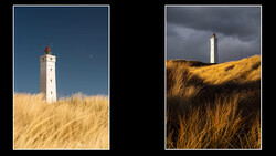 White lighthouse rising from golden dune grass under contrasting skies in two compositions.