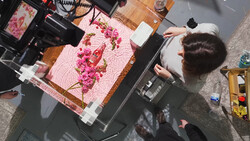 Overhead view of photographer working on pink fabric with floral arrangement during product shoot.