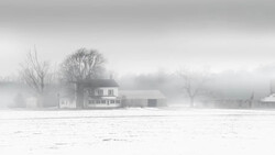 Farmhouse in heavy fog with bare trees and snow-covered field in winter.