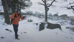 Runner in orange jacket jogging through snowy rural landscape with bare trees and stone walls.