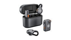 Wireless audio equipment including earbuds with charging case, a compact body camera, and a single earbud with charging dock.