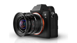 Sony α7R mirrorless camera with wide-angle lens attached, shown against white background.