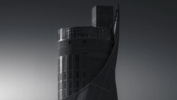 Modern cylindrical tower building with curved architectural elements photographed in monochrome.