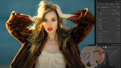 Portrait of woman with blonde hair and red lips against blue background, wearing brown fur coat.