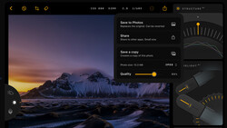 Screenshot of photo editing software showing a snowy mountain landscape at sunset with adjustment panels and quality controls.