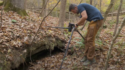 Man using a metal detector in a wooded area covered with fallen leaves.
