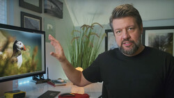 Man gesturing toward monitor displaying puffin photograph in studio setting.