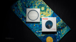 Haida camera filters and packaging displayed on a Van Gogh Starry Night-inspired fabric backdrop.