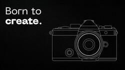 Line illustration of a professional film camera with the text "Born to create."