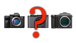 Graphic comparing three mirrorless cameras with a large red question mark between them.