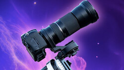 Camera with telephoto lens mounted on tripod against purple gradient background with light effects.