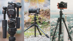 Three tripod setups with gimbal heads and camera mounts for video production and stabilization.