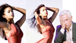 Woman in coral dress with hand to head in two poses; older man in purple cardigan looking contemplative.