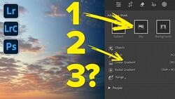 Screenshot of Lightroom and Photoshop mask adjustment panels with a sunset sky image.