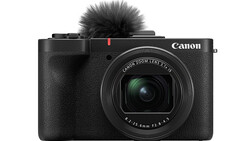 Canon PowerShot V10 compact camera with attached microphone on white background.