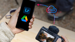 Photographer holding smartphone displaying Lightroom and Google Photos logos alongside mirrorless camera with forest landscape preview.