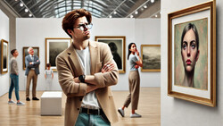 Man in sunglasses and beige blazer viewing portrait painting in museum gallery.