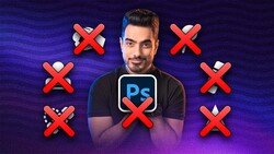 Illustration of a person wearing a Photoshop logo badge surrounded by red X marks on a purple gradient background.