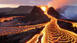 Active lava flows descend from a volcanic cone at sunset, glowing bright orange against dark cooled lava fields.