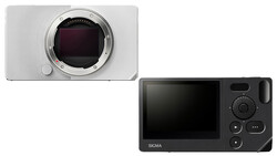 Comparison of two mirrorless camera bodies: a white compact model with exposed sensor mount on the left, and a black Sigma model with rear LCD screen and control buttons on the right.