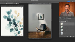 Screenshot of Adobe Photoshop 2024 showing multiple open images including watercolor botanical art and an interior design scene.