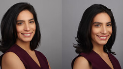 Professional headshot comparison showing two angled poses of the same woman in maroon top against neutral gray background.