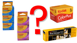 Comparison graphic displaying four Kodak film product lines with a large red question mark in the center.