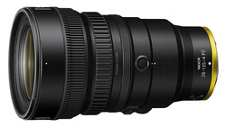Nikon Z-mount telephoto lens with gold accents on the rear barrel against white background.