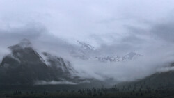 Snow-capped mountain peaks partially obscured by low-hanging clouds and mist, with evergreen forest in foreground.