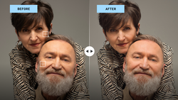 Before and after comparison of portrait retouching on two people in zebra-print clothing.