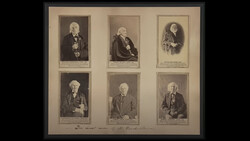 Framed collection of six sepia-toned portrait engravings arranged in two rows.