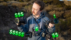 Photographer in desert landscape holding multiple camera lenses with green dollar signs overlaid.