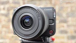 Canon EF-S 24mm f/2.8 STM lens mounted on a Canon mirrorless camera body against a brick wall backdrop.