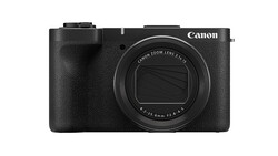 Canon compact digital camera with black textured grip and fixed zoom lens against white background.