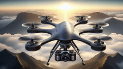 Illustration of a hexacopter drone with camera mounted below, hovering above clouds with mountain peaks visible in sunrise lighting.