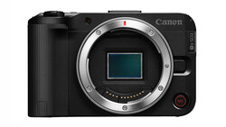 Canon EOS R5C mirrorless camera body shown from front with open mirror box and sensor visible.
