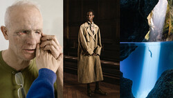 Triptych of portrait, fashion, and landscape photography showcasing studio lighting and natural environments.