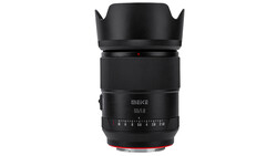 Meike 55mm f/8 lens with lens hood attached, shown against white background.