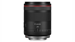 Canon RF 20mm f/2.8 macro lens with red accent ring and distance scale markings.