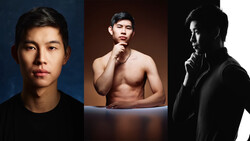 Three portrait photographs of an Asian male model showcasing different lighting and styling approaches.