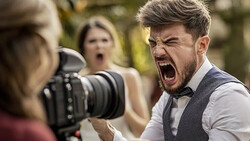Photographer with large telephoto lens capturing an animated reaction from a man in formal attire at an outdoor event.